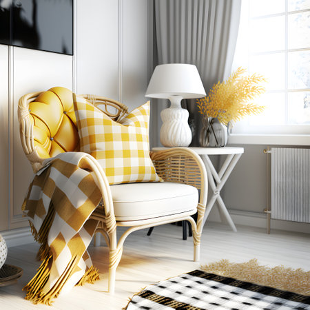 Modern living room interior design with armchair, plaid and window. 3d renderの素材