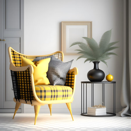 Interior design of living room with armchair and yellow plaid. Rattan coffee table in room with white wall. Home interior. 3d renderingの素材