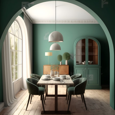Interior of dining room with green walls, wooden floor, round table and green chairs. 3d renderの素材