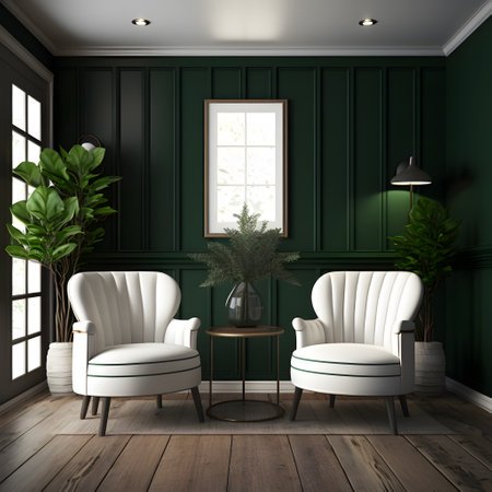 Interior design of living room with white armchairs over the dark green planks paneling wall. Farmhouse style. Home design. 3d renderingの素材