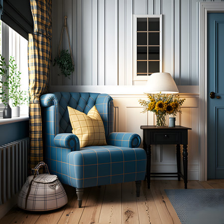 interior of classic living room with blue armchair, 3d renderの素材