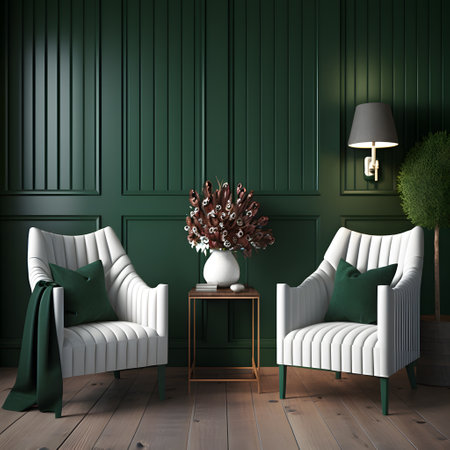 Classic armchairs in classic interior with green walls and wooden floor, 3d renderの素材