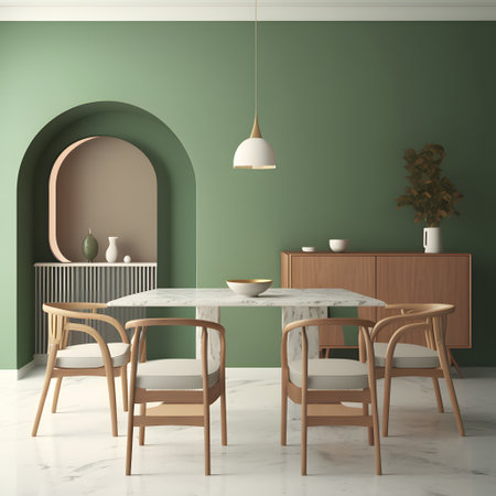 Interior of modern dining room with green walls, white marble floor, round wooden table with yellow chairs and round coffee table. 3d renderingの素材