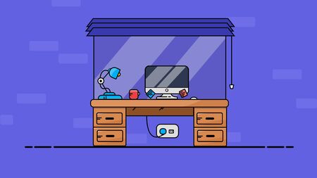 Home office pc and desk flat vector designのイラスト素材