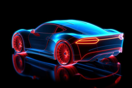Sleek Sports Car Illuminated with Neon Backlight Contours Generative AIの素材