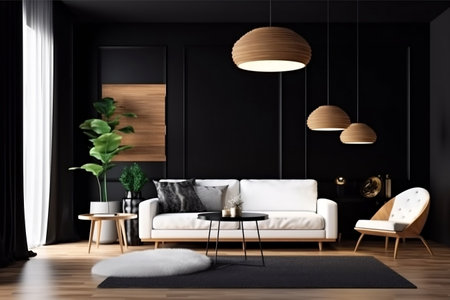 Contemporary Interior with White Sofa and Curtains Generative AIの素材