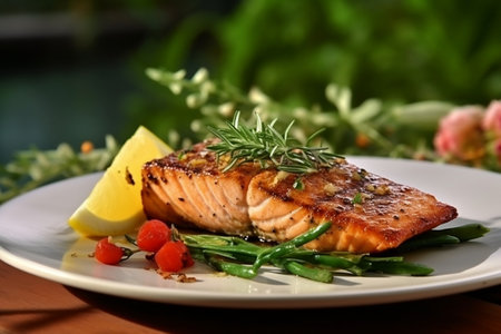 Close Up Succulent Grilled Salmon Fillet in a Luxurious Presentation Generative AIの素材