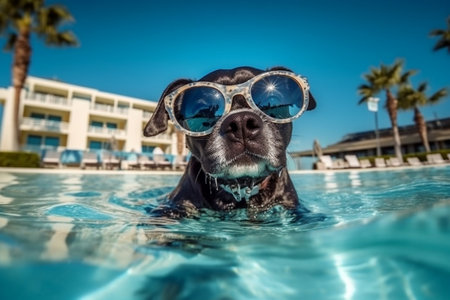 Adorable Dog Puddle Fun with Sunglasses Generative AIの素材