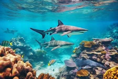 Playful Pod of Dolphins in Colorful Underwater Scene Generative AIの素材