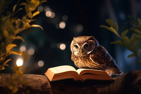 Owl Reading a Book on a Tree at Night Learning Generative AIの素材