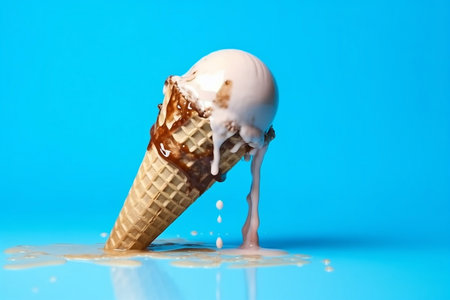 Melting Ice Cream Cone Against a Soft Blue Background Generative AIの素材