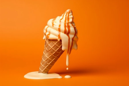 Melting Ice Cream Cone on a Soft Orange Background Generative AIの素材
