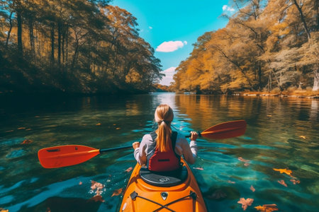Elegant Lady Kayaking in a Serene Lake with Beautiful Landscape Generative AIの素材