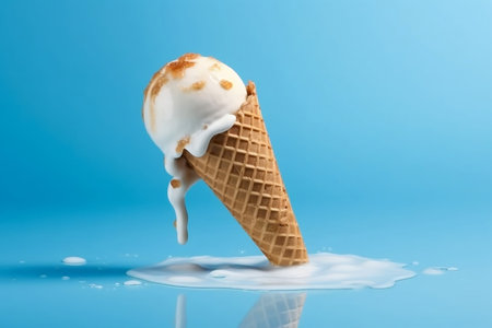 Melting Ice Cream Cone Against a Soft Blue Background Generative AIの素材