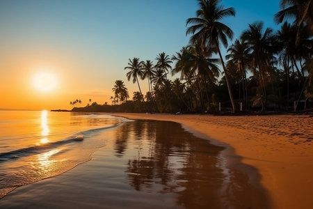 A Beautiful Beach with Palm Trees in the Morning Generative AIの素材