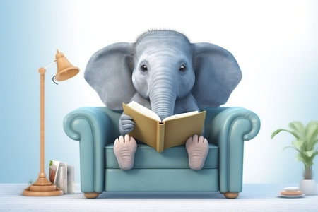 Elephant Engaged in Learning: Reading Book on Sofa Generative AIの素材