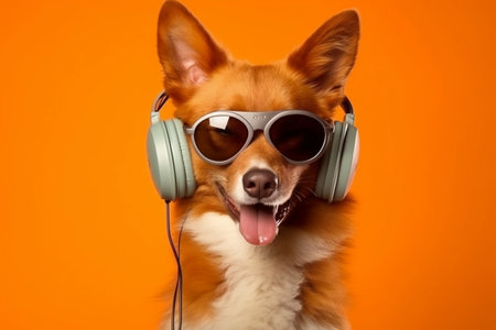 Groovy DJ Ginger Dog with Sunglasses and Headphones Generative AIの素材