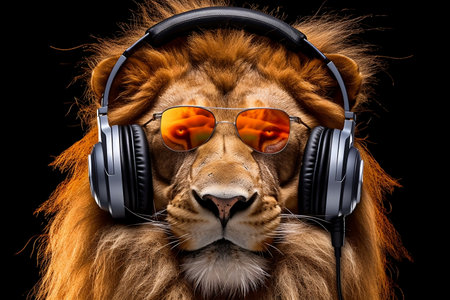 Lion DJ with Sunglasses and Headphones Full of Swagger Generative AIの素材