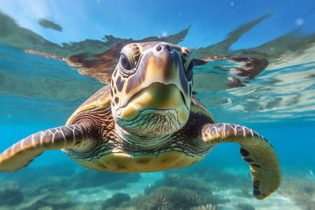 Happy Sea Turtle in a Serene Swim - Joyful Marine Life and Aquatic Delightの素材