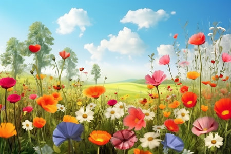 Illustration of a Blossoming Flower Meadow in Spring - Vibrant Colors and Nature's Renewalの素材