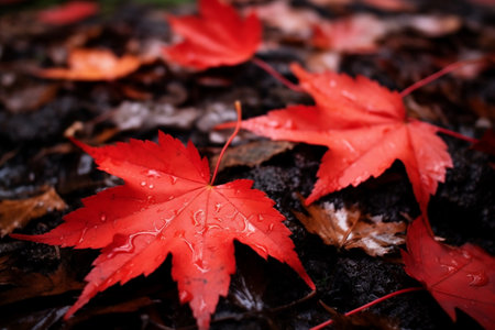Red Autumn Maple Leaves Laying on the Ground - Vibrant Fall Foliage and Natural Beautyの素材