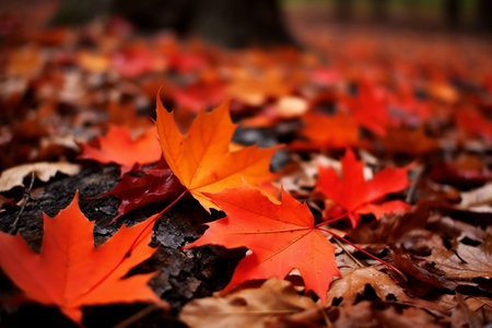 Red Autumn Maple Leaves Laying on the Ground - Vibrant Fall Foliage and Natural Beautyの素材