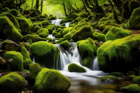 Waterfall Landscape with Moss-Covered Rocks - Serene Cascades and Natural Beautyの素材