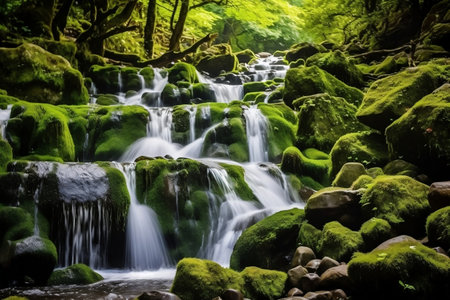 Waterfall Landscape with Moss-Covered Rocks - Serene Cascades and Natural Beautyの素材