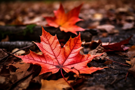 Red Autumn Maple Leaves Laying on the Ground - Vibrant Fall Foliage and Natural Beautyの素材