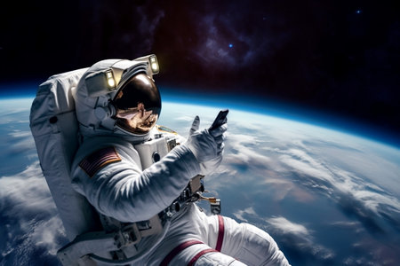 Astronaut Utilizing Mobile Device in Space - Connectivity Beyond Earthの素材