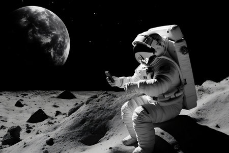 Astronaut Utilizing Mobile Device in Space - Connectivity Beyond Earthの素材