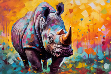 Colorful Rhino Painting - Vibrant Wildlife and Artistic Expressionの素材