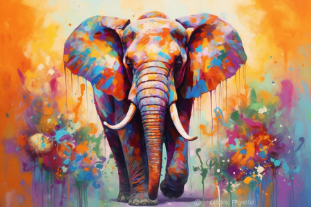 Colorful Elephant Painting - Vibrant Wildlife and Artistic Expressionの素材