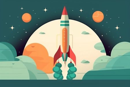 Minimalist Banner with Rocket Ship Taking Off Generative AIの素材