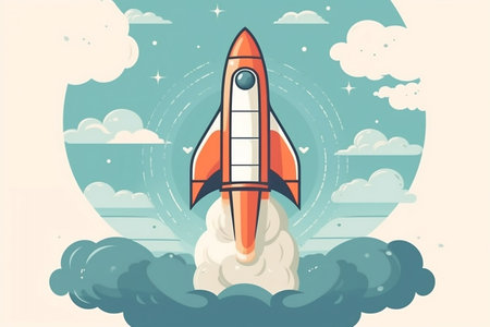 Minimalist Banner with Rocket Ship Taking Off Generative AIの素材