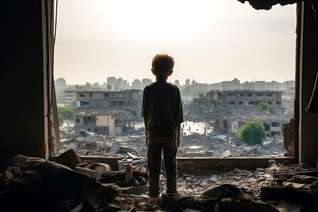 Child Observing Devastated City - Reflection and Hopeの素材