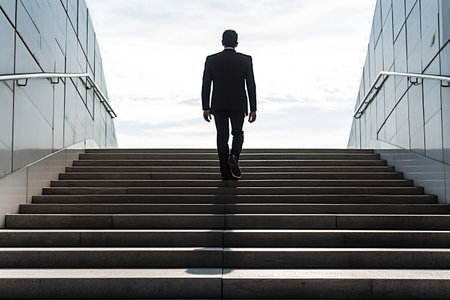 Ambitious Businessman Climbing Stairs to Reach Success - Determination and Achievementの素材