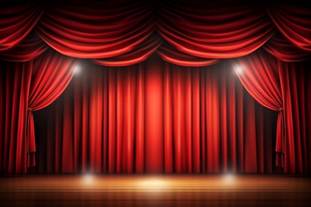Theater Stage with Red Curtains and Spotlights - Dramatic Performance and Artistic Expressionの素材