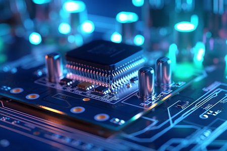 A Computer Circuit Board Illuminated by Blue Lightの素材