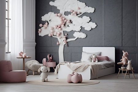A Serene White Child's Bedroom Adorned with a Pink Treeの素材