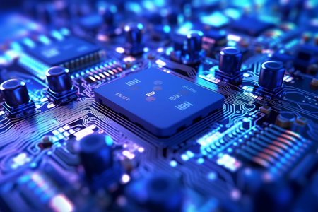 A Computer Circuit Board Illuminated by Blue Lightの素材