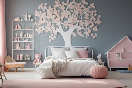 A Serene White Child's Bedroom Adorned with a Pink Treeの素材