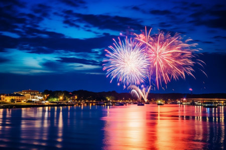 Dazzling Fireworks A Spectacle of Blue, White, and Red Illuminationの素材