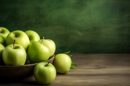 Lush Green Apples on Table Ample Copy Spaceの素材