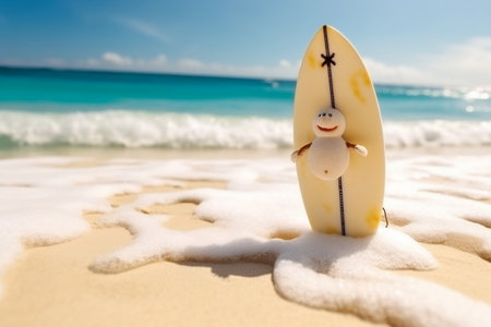 Snowman on a Surfboard in the Tropics Winter Fun in Paradiseの素材