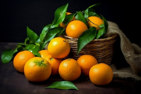 Tantalizing Tangerines with Lush Leaves on the Tableの素材