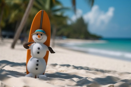 Snowman on a Surfboard in the Tropics Winter Fun in Paradiseの素材