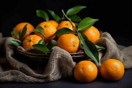 Tantalizing Tangerines with Lush Leaves on the Tableの素材
