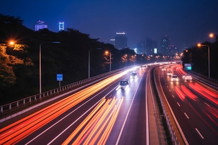 Nighttime Traffic on the Highway Illuminated Commuteの素材