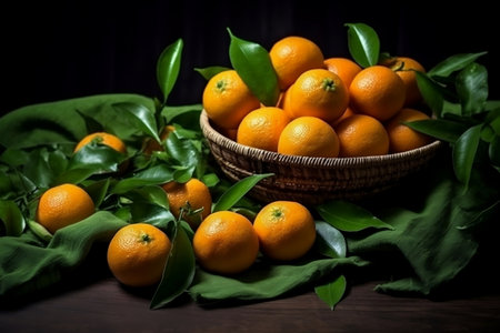 Tantalizing Tangerines with Lush Leaves on the Tableの素材